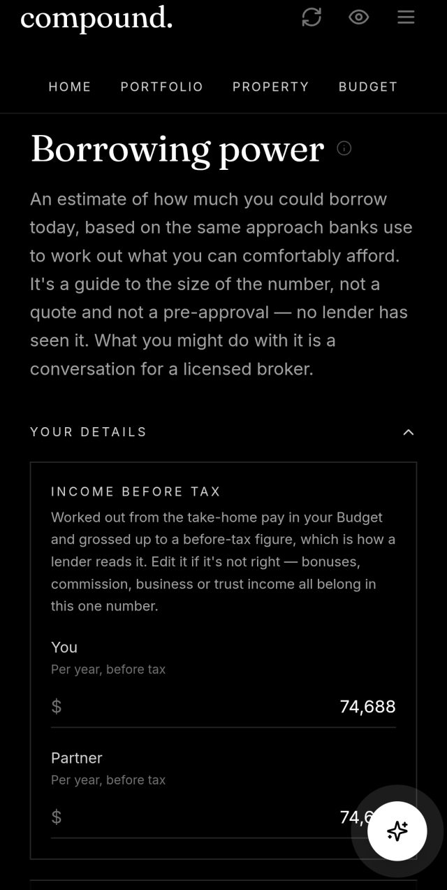 The Compound borrowing power screen explaining that the estimate uses the same approach banks use, with income details below.