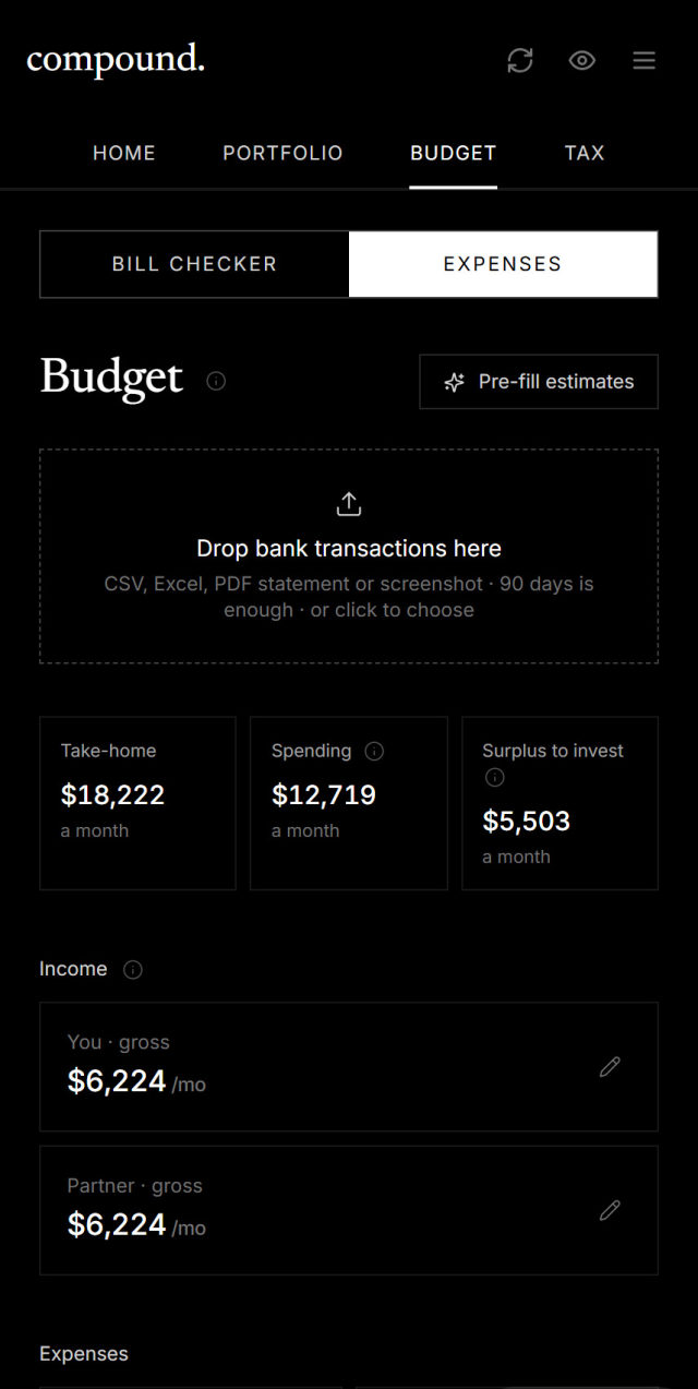 Compound budget: take-home, spending and the surplus to invest each month, from 90 days of transactions.