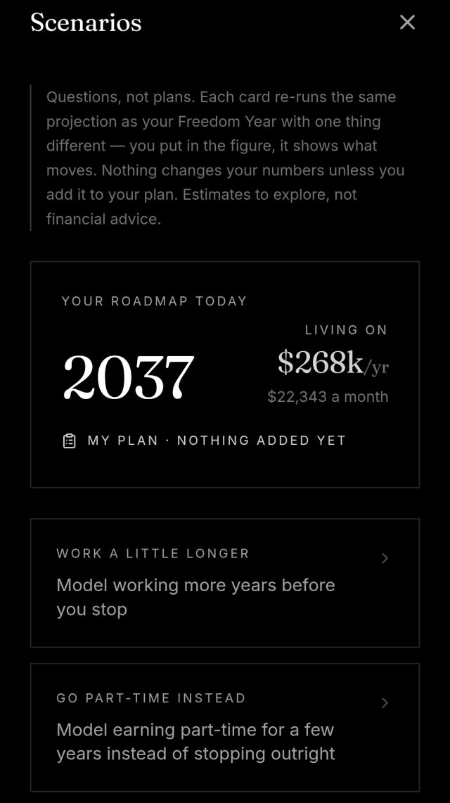 The Compound Scenarios board: “questions, not plans”, the roadmap today showing 2037 and what that has you living on, then cards for working a little longer and going part-time instead.