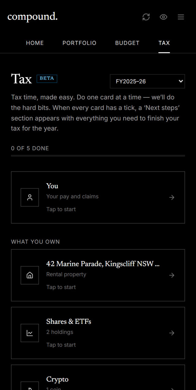 Compound Tax tab: one card for you and one for each thing you own, finished as an accountant pack or the myTax steps.